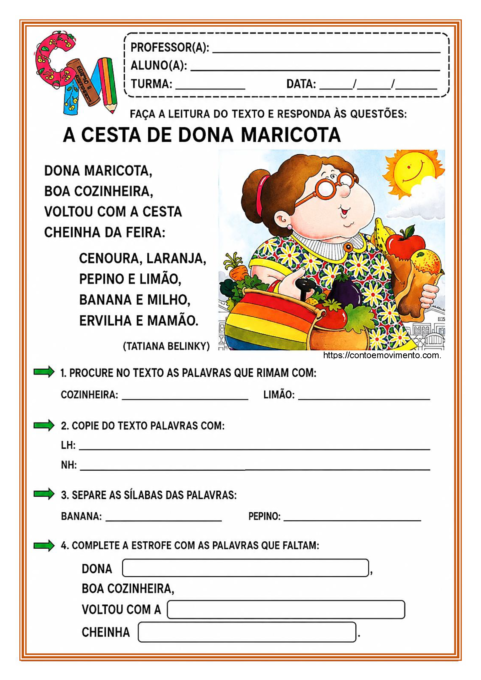 Atividade do livro A cesta de Dona Maricota