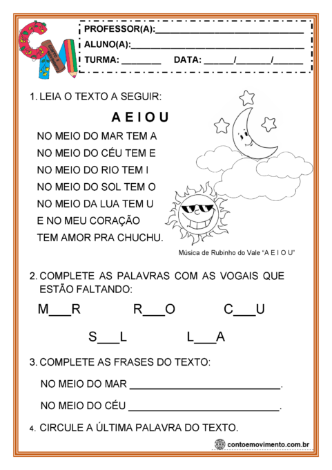 atividades do texto a e i o u