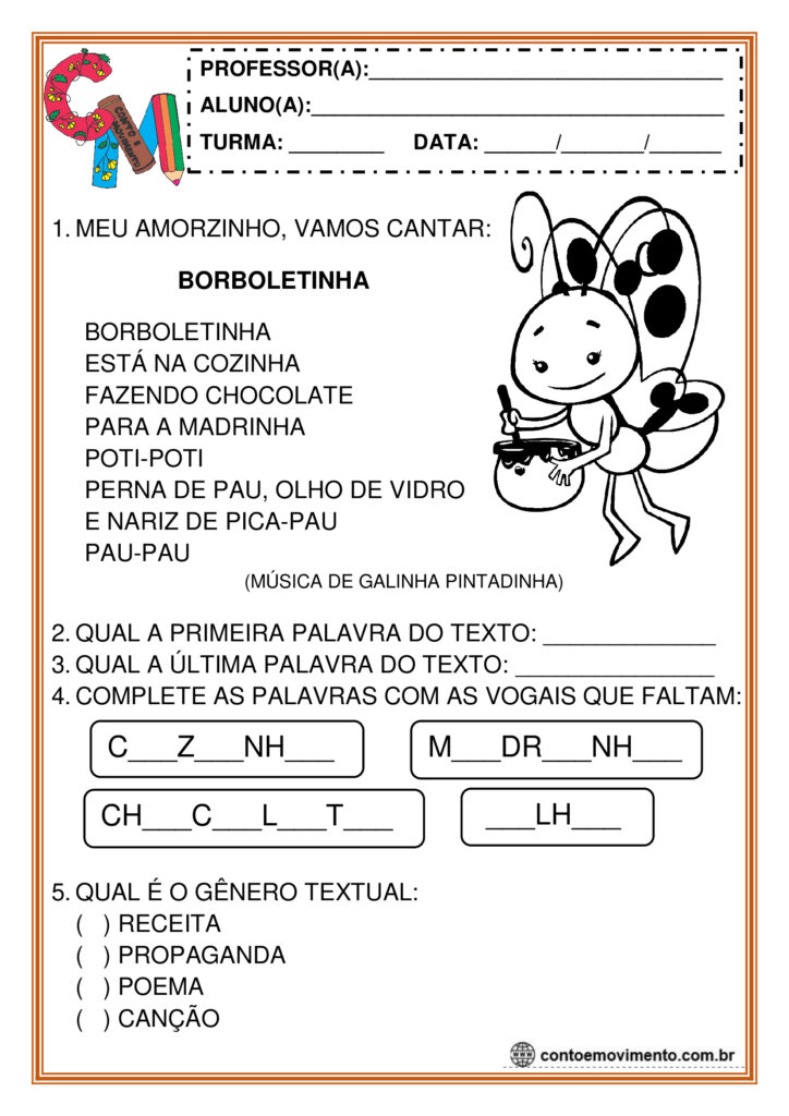 Leitura e atividades do texto Borboletinha