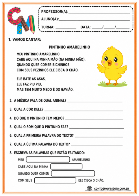 Atividade de leitura e interpretação da música Pintinho Amarelinho