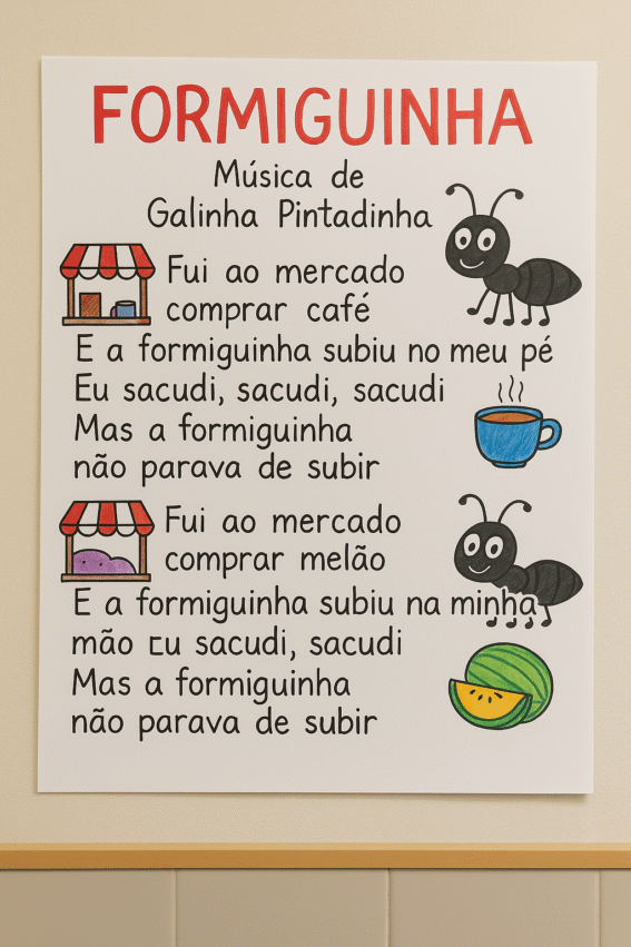 cartaz da música Formiguinha da Galinha Pintadinha.