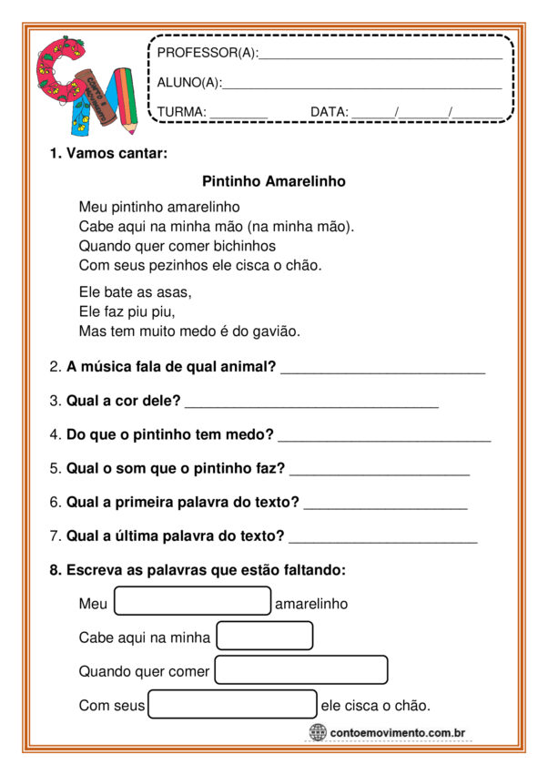 Aula com a música pintinho amarelinho
