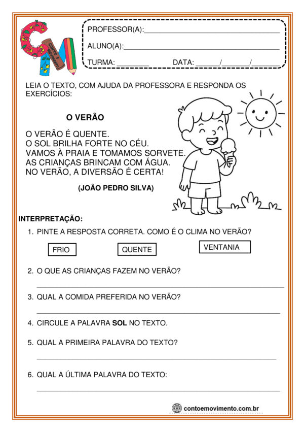 atividade e texto O verão