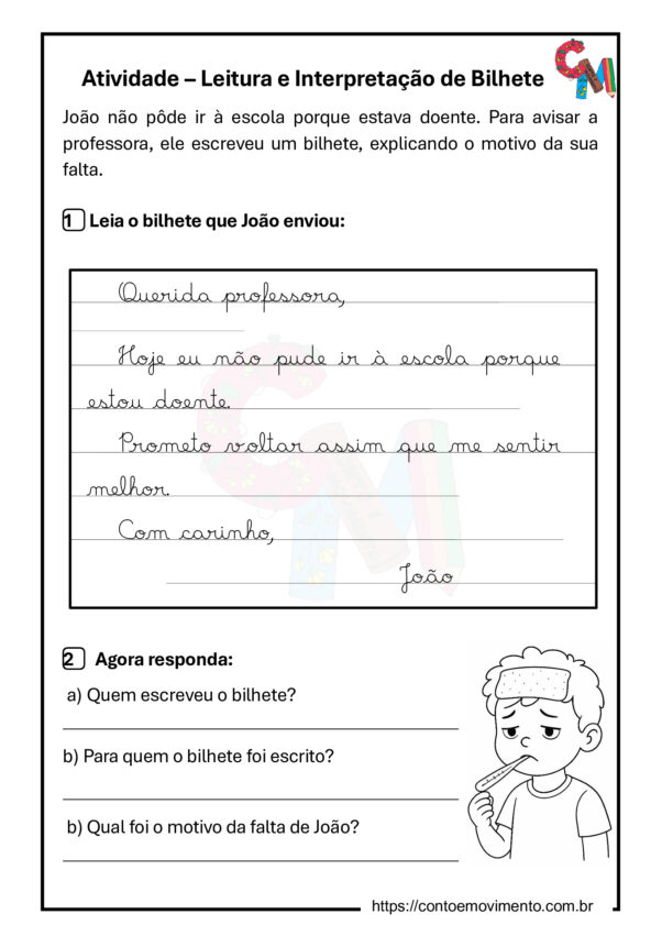 Atividade leitura e interpretação de bilhete