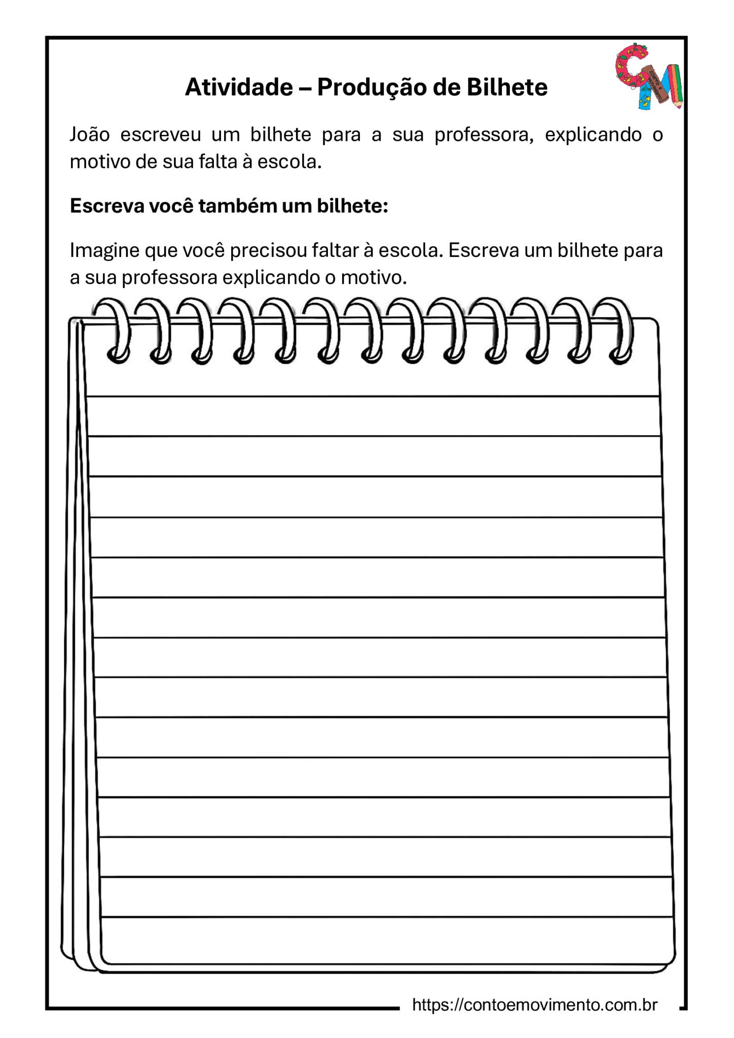 Atividade de Bilhete: Leitura, Interpretação e Produção de Texto para ...