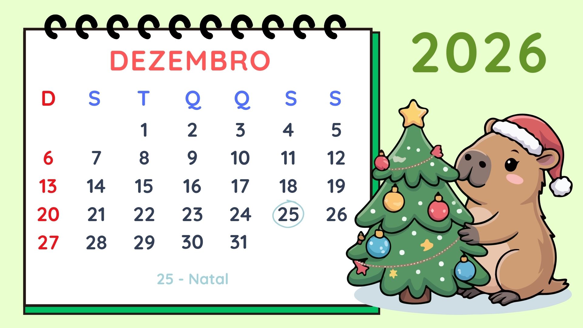 Calendário 2026 Tema Capivara