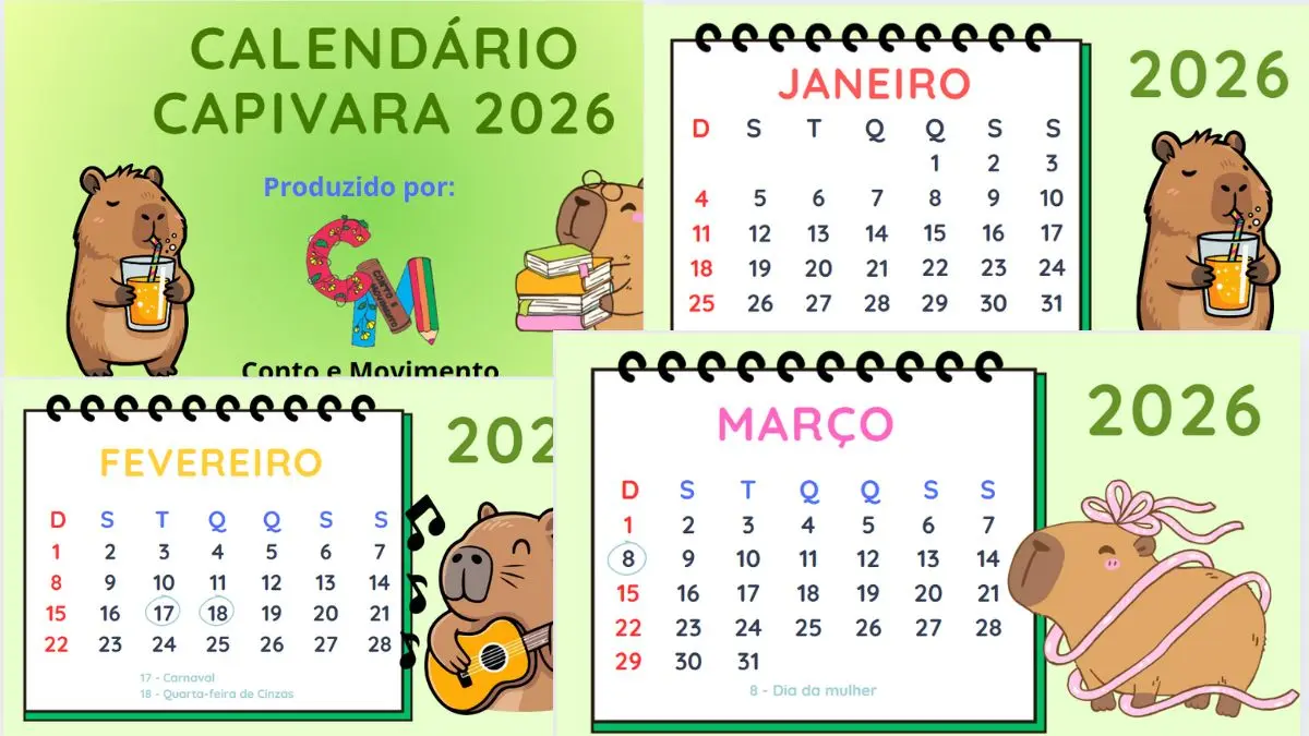 Calendário 2026 Tema Capivara